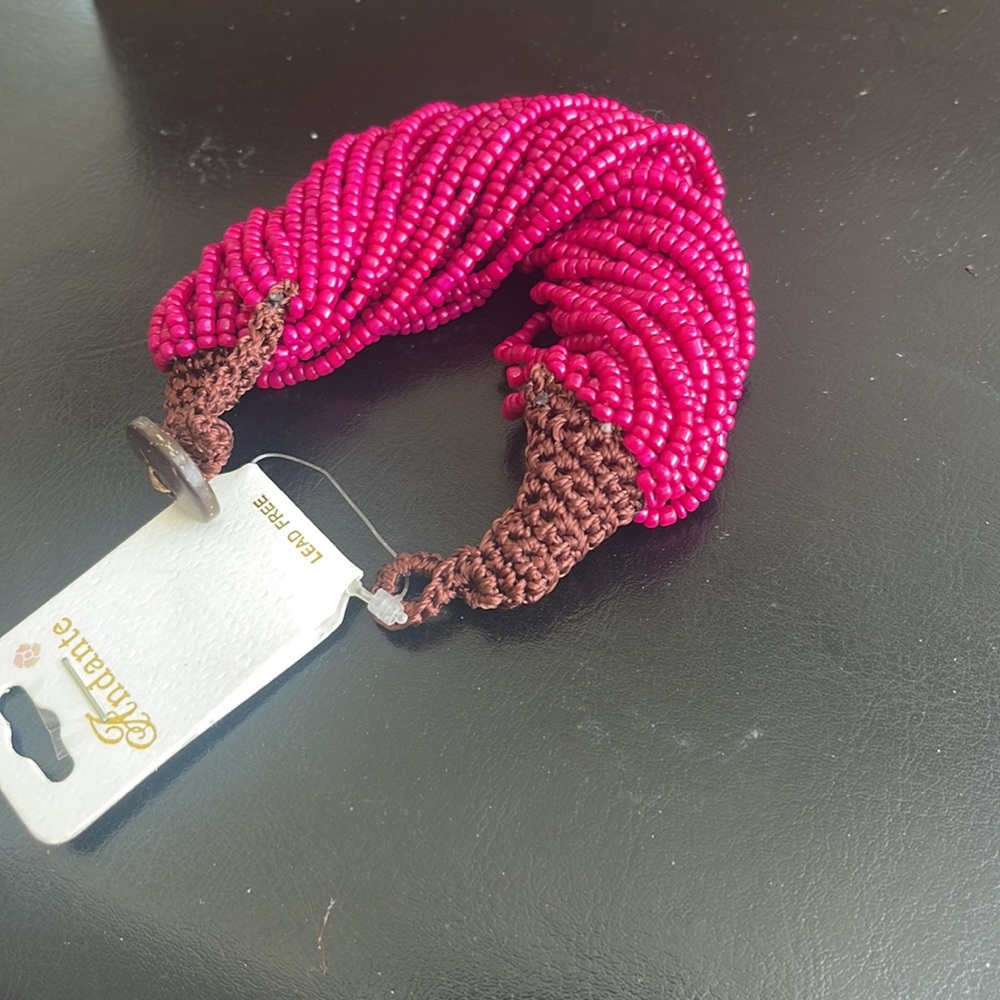 Beaded bracelet, button, close, crochet closure, Bo ho, new  dark pink br button